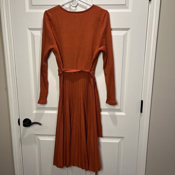 Zesica Orange L Ribbed Thick Knit Ribbed A Line Midi Sweater Tie Dress Office - Picture 3 of 11
